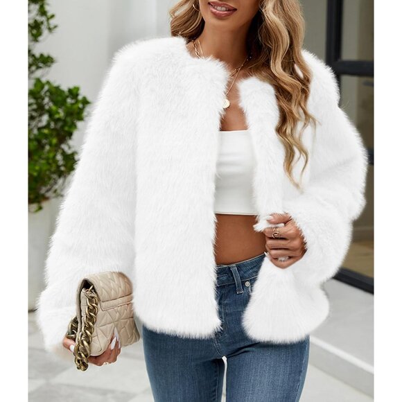 Simplee Women's Faux Fur Coat Furry Cropped Jacket Long Sleeve Warm Open Front F - Picture 5 of 6